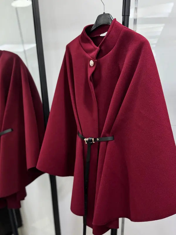 Manteau cape en laine ceinturé à boucle unie pour femme