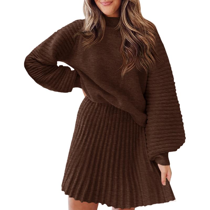 Ensembles 2 Pièces Femme 2025 Pulls Col Montant Manches Longues Côtelés et Mini-Jupe