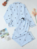 Pigiama da donna a maniche lunghe a righe con stampa a fiocco, grazioso set con parte superiore abbottonata e pantaloni, abbigliamento casual per la casa per tutte le stagioni