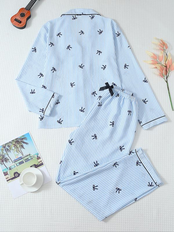 Ensemble de pyjama pour femme à rayures et imprimé nœud, haut et pantalon boutonnés, décontracté pour toutes les saisons