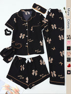 Women's All Over Print Top & Shorts & Pants & Accessories Pyjama Set, Casual Comfy Pj Set, Ladies Sleepwear for All Seasons