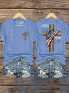 Women's Stand For The Flag Kneel For The Cross Printed Casual T-Shirt