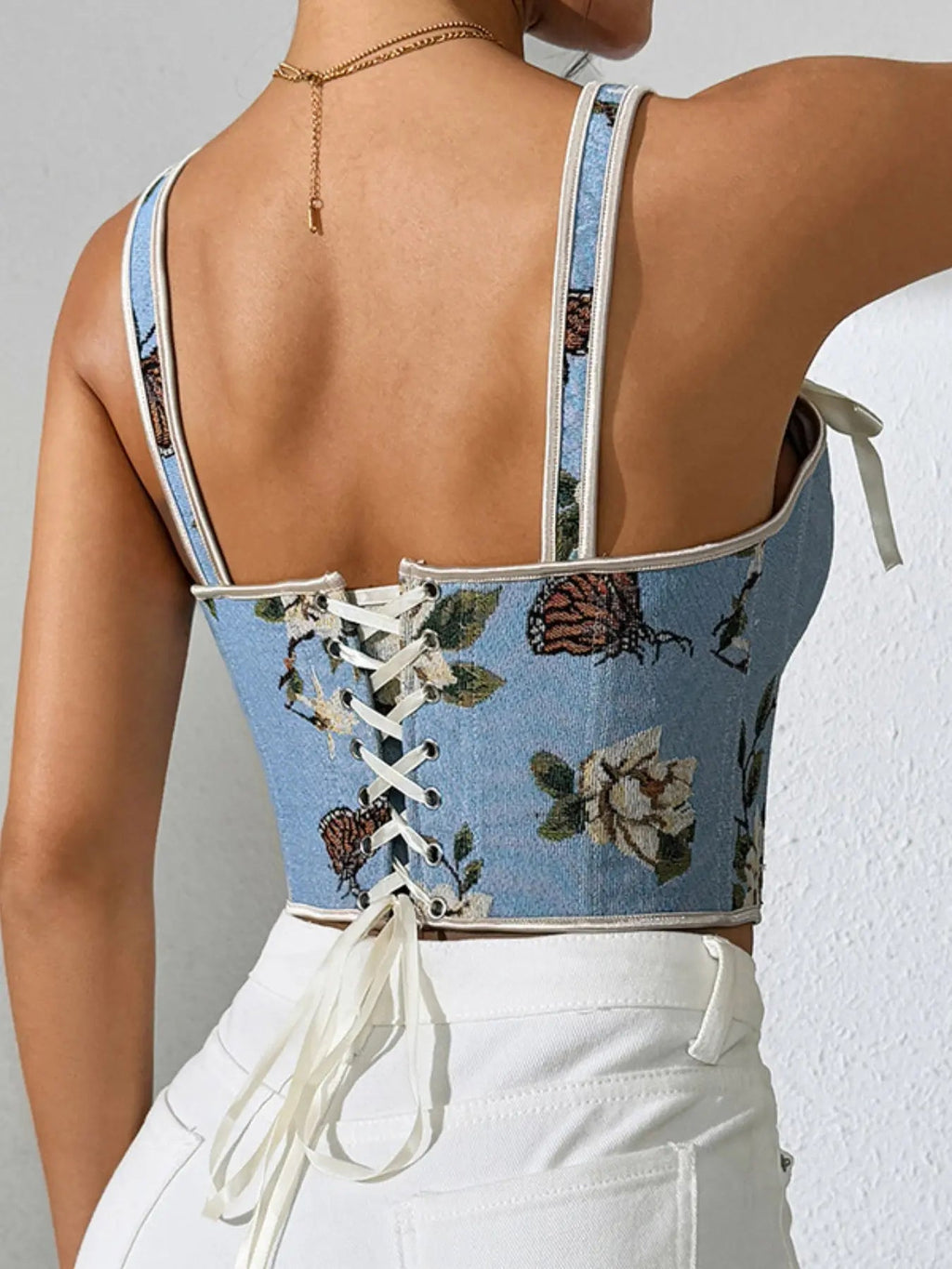 Canotta modellante da donna con stampa floreale, struttura a corsetto allacciato regolabile, canotta modellante alla moda con fiocco decorativo per uso quotidiano, modellatore contenitivo per donna