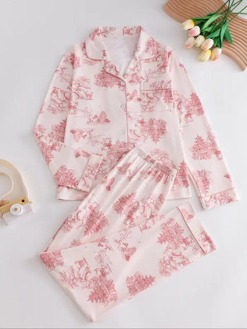 Two-Piece Set Women's All Over Print Button Front Pocket Lapel Shirt & Elastic Waist Pants Pyjama, Casual Comfy Long Sleeve Top & Trousers PJ Set, Women's Sleepwear for Spring & Fall