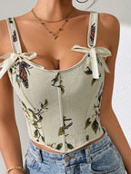 Canotta modellante da donna con stampa floreale, struttura a corsetto allacciato regolabile, canotta modellante alla moda con fiocco decorativo per uso quotidiano, modellatore contenitivo per donna