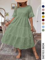 [Grande Taille] Robe unie avec broderie œillets, Robe bohème à col rond pour les vacances et le quotidien – Vêtements d'été pour femmes