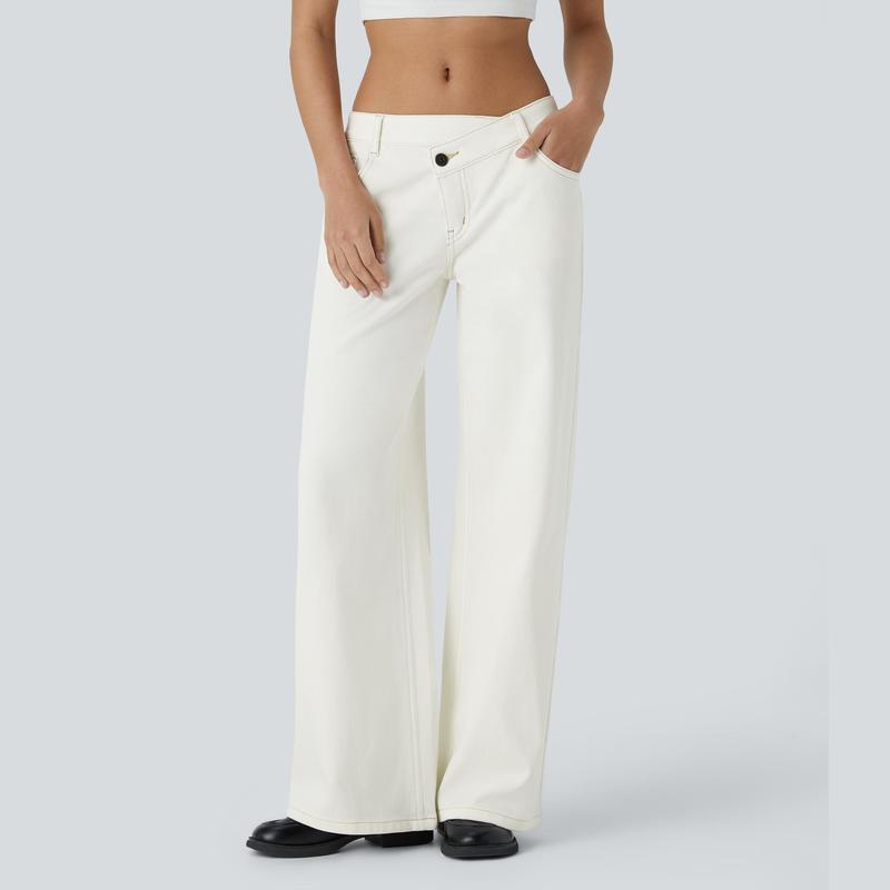 Jeans casual asimmetrici a vita bassa con tasche con cerniera, taglio ampio e slavato