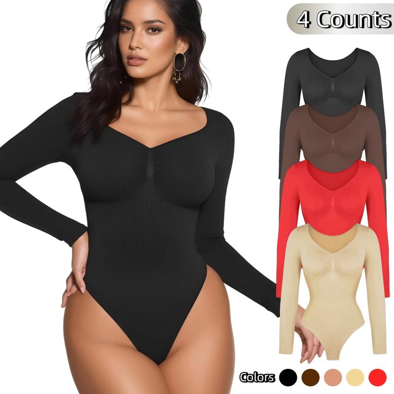 Body gainant sans couture pour femme – Body à manches longues et col en V, coupe ajustée, léger et sculptant, parfait pour les superpositions et le quotidien, compression légère