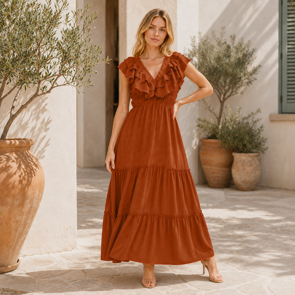 [2026.NOHO] Carmen, Vestito Lungo Con Balze E Volant Sullo Scollo A V