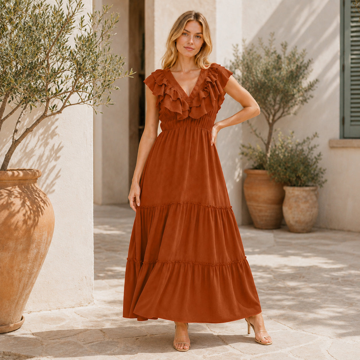 [2026.NOHO] Carmen, Vestito Lungo Con Balze E Volant Sullo Scollo A V