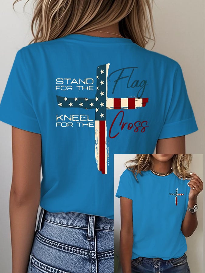 T-shirt casual da donna con stampa "Stand For The Flag Kneel For The Cross"