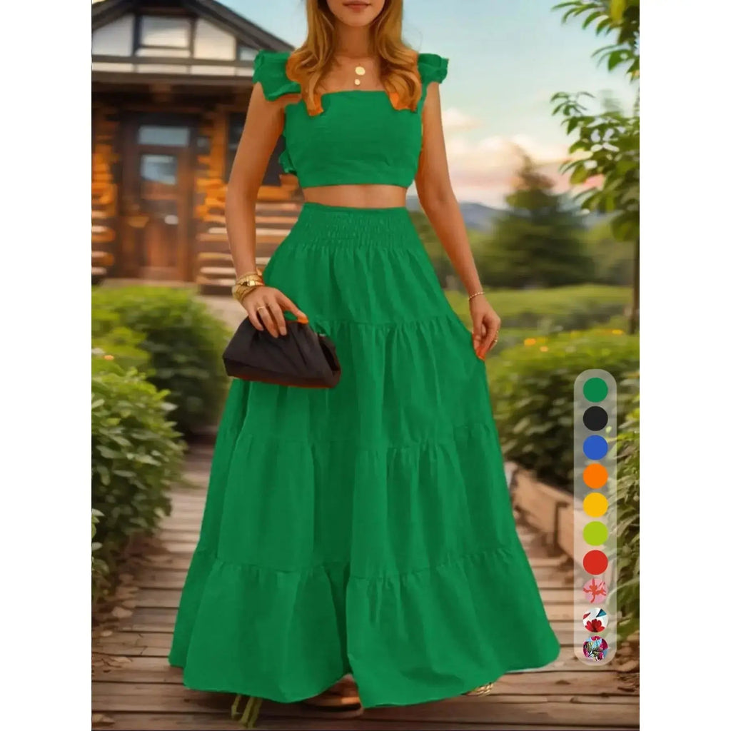Ensemble deux pièces jupe longue et haut froncé couleur unie / imprimé floral pour femme, tenue décontractée bohème haut et jupe pour les vacances quotidiennes, pour femmes, pour l'été