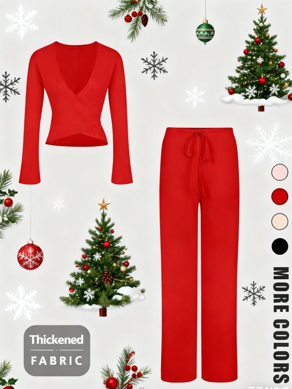 Completo a Maniche Lunghe con Top a V e Pantaloni, Sexy, per le Feste di Natale, Vestibilità Aderente, Tinta Unita, Stile Primavera & Autunno