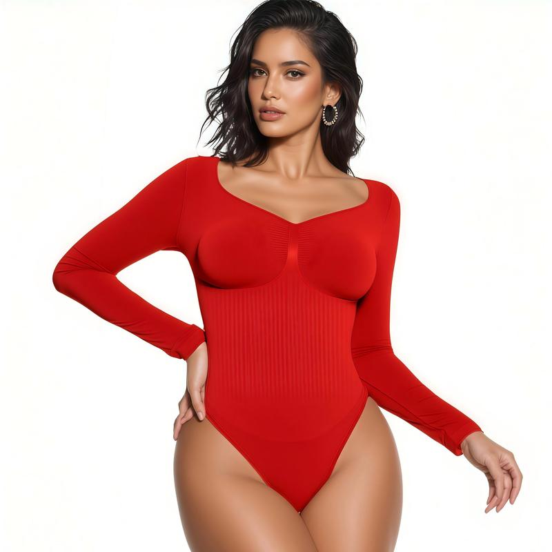 Body gainant sans couture pour femme – Body à manches longues et col en V, coupe ajustée, léger et sculptant, parfait pour les superpositions et le quotidien, compression légère