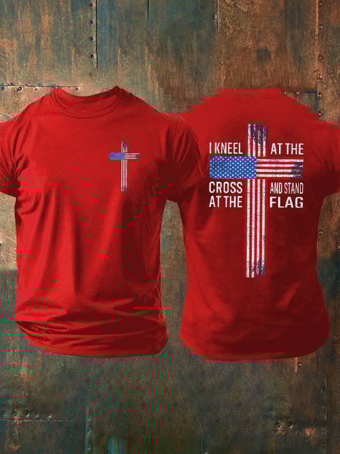 Men's I Kneel At The Cross And Stand At The Flag Print T-Shirt
