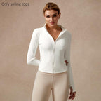 Giacca sportiva da donna con zip intera, maniche lunghe, vestibilità aderente, tessuto elasticizzato ad asciugatura rapida con fori per i pollici per corsa, yoga, palestra, allenamento, abbigliamento sportivo