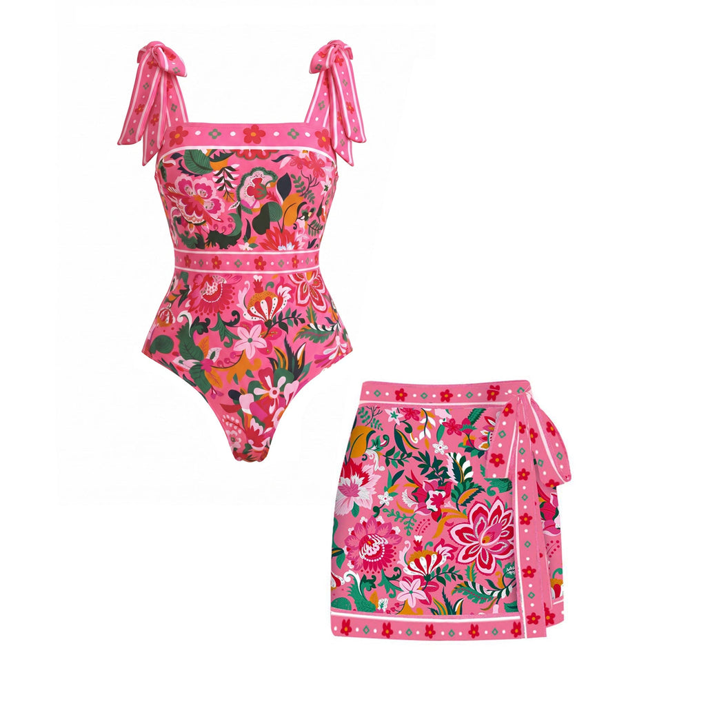 Costume intero e gonna con stampa floreale rosa Paradise