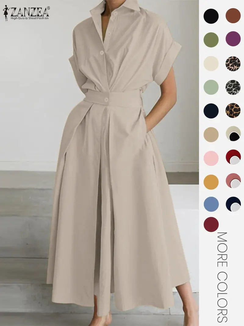 Robe unie à col pour femme, robe décontractée à manches courtes pour l'été, vêtements pour femmes pour le quotidien