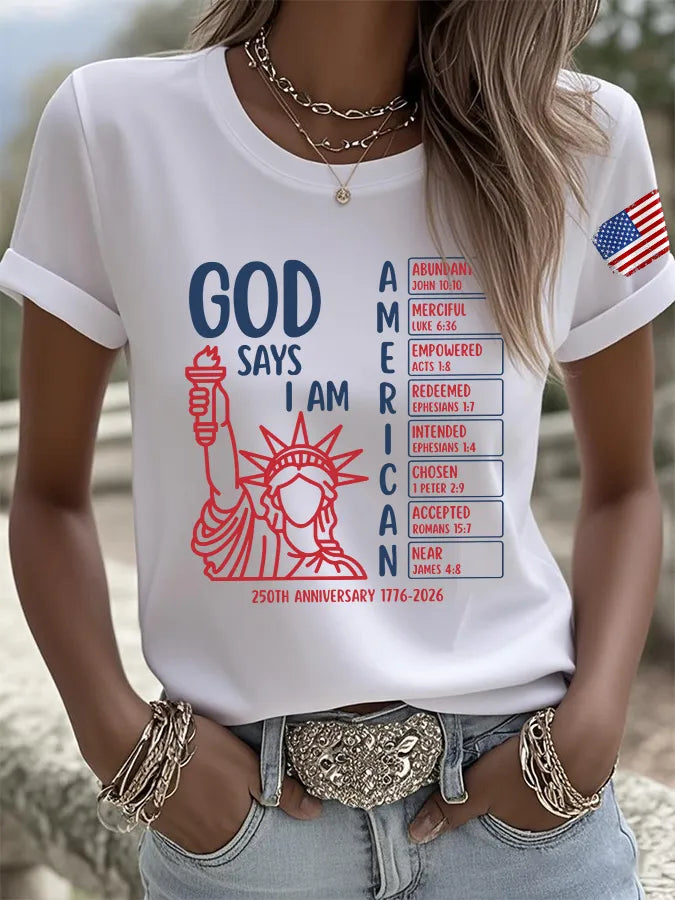 T-Shirt Stampa Retro God Says I Am American 250th Anniversary