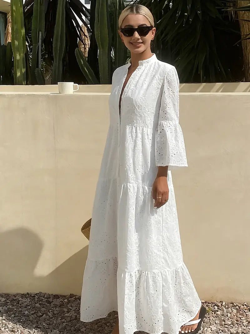 robe tunique évasée à manches en vogue de couleur blanche pour femme, avec un style français élégant