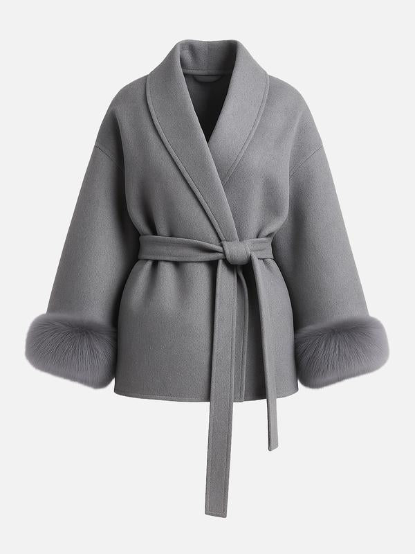 Manteau croisé thermique élégant pour femme, couleur unie, avec ceinture et manches longues en peluche