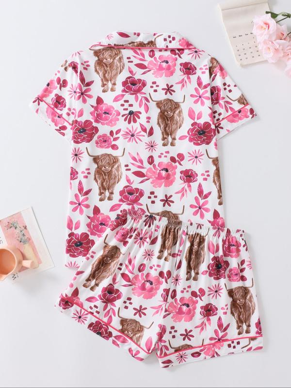 Ensemble de Pyjama Deux Pièces pour Femme, Motif Floral et Vache, Haut et Short à Manches Courtes, Décontracté et Confortable