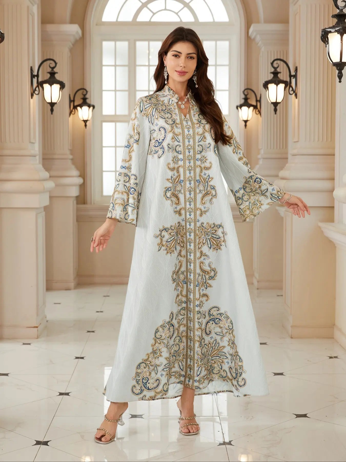 Abito da donna mediorientale con stampa di nuovi tessuti decorati, abito da sera lungo arabo con perline intere, jellabiya, abaya per l'Eid
