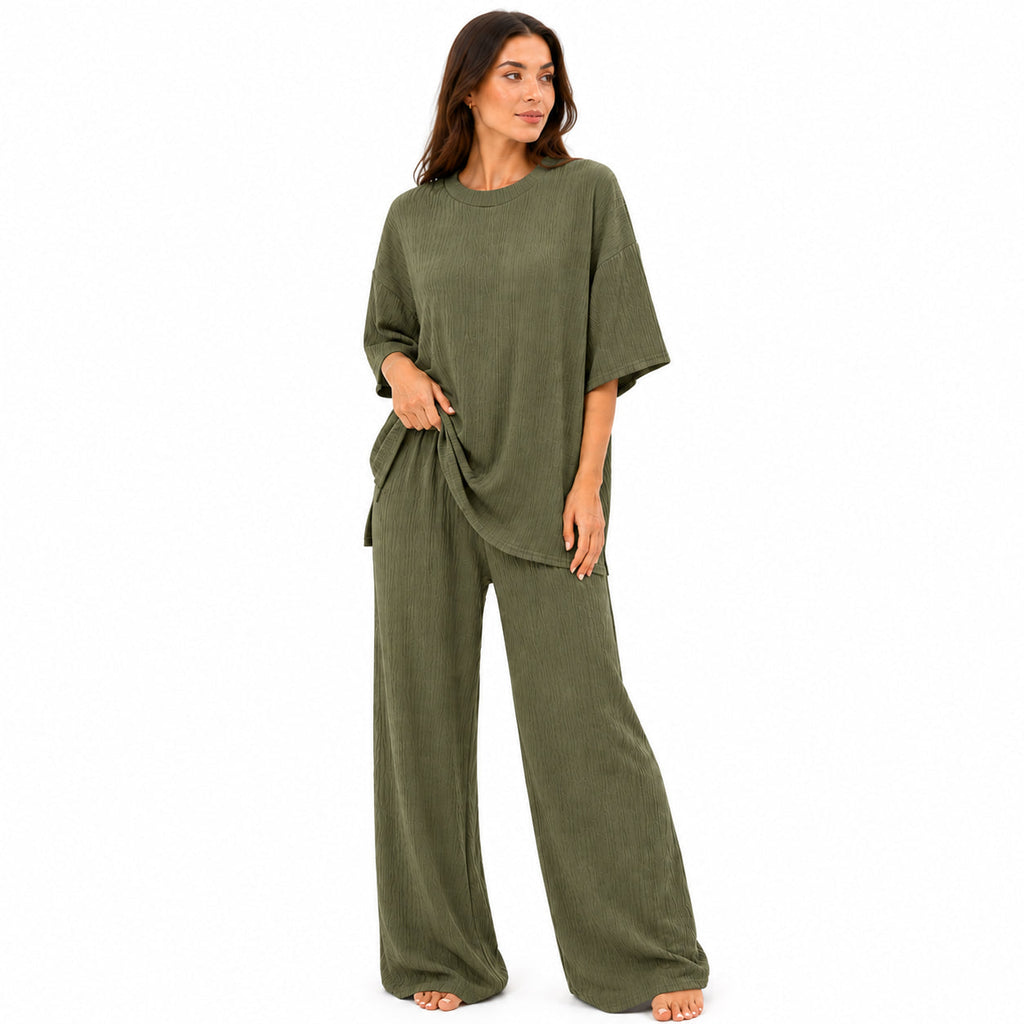 Ensemble Chic Femme Texturé – T-shirt & Pantalon Fluide