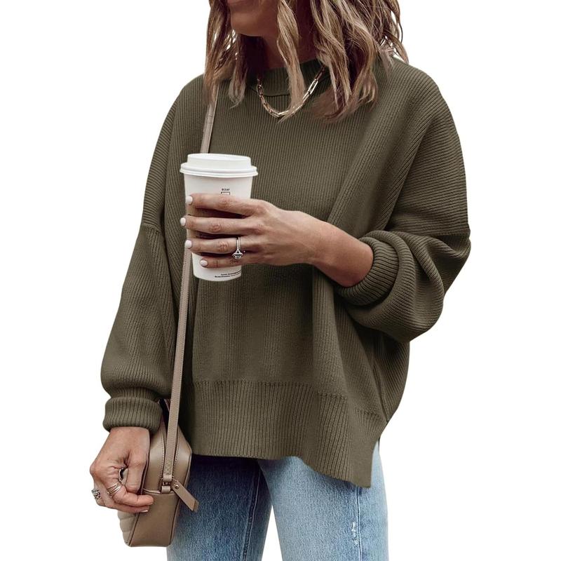 Pull Tunique Oversize Femme, Ample, Manches Longues, Tricot Côtelé, Fentes Latérales