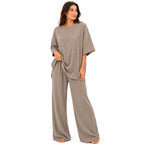 Ensemble Chic Femme Texturé – T-shirt & Pantalon Fluide