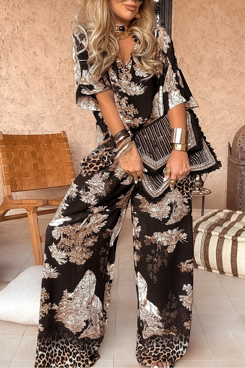 Ensemble décontracté haut col en V et pantalon imprimé pour femme