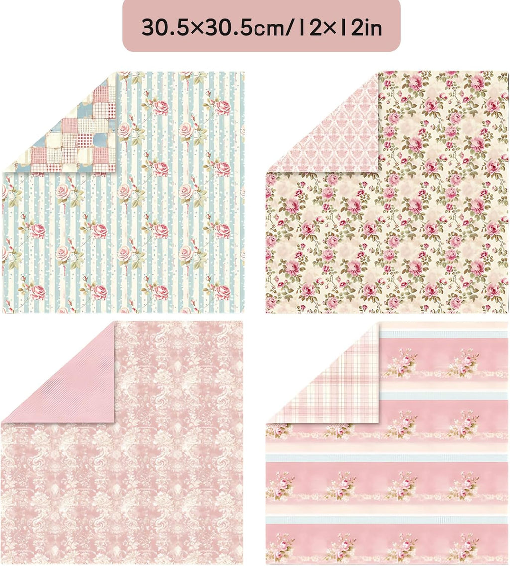 48 Sheets Scrapbook Paper 48 Designs Patterned Paper, 12 x 12 Inch Pink Floral Background Decorative Paper for DIY Album Decoupage Scrapbooking Card Making