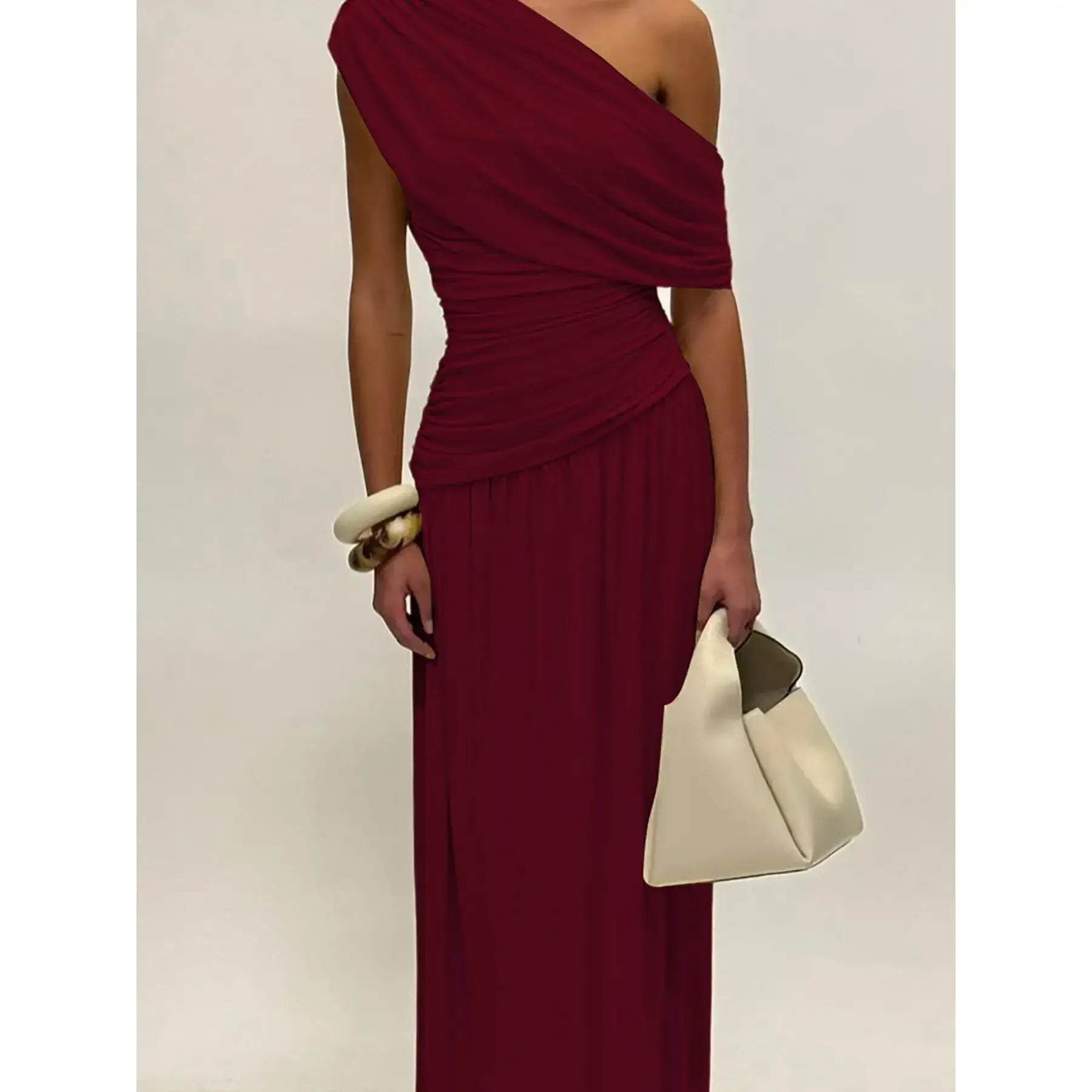 Abito da donna in tinta unita con arricciature, Abito elegante da sera per feste, Abito estivo da donna, Abito asimmetrico con arricciature