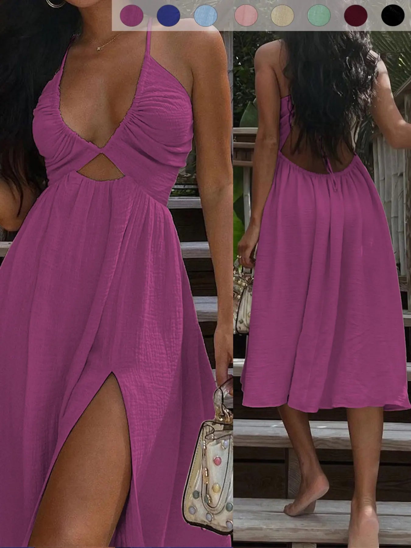 Nuovo abito estivo sexy a portafoglio con scollo a V, gonna spaccata stile spiaggia, abito lungo alla moda da donna, perfetto per le vacanze