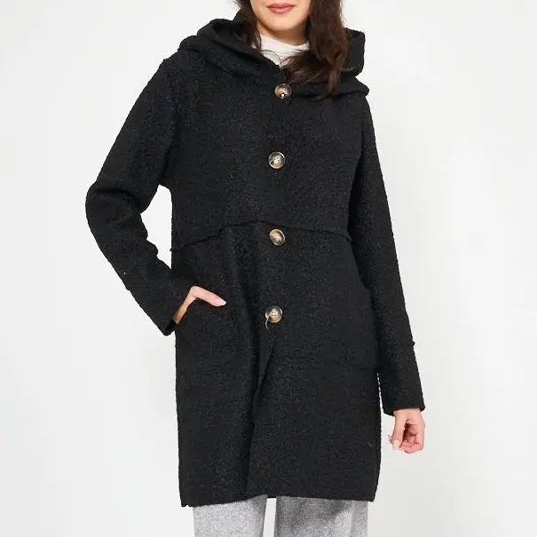 Cappotto con cappuccio e bottoni da donna per l'autunno/inverno, elegante e versatile, adatto a varie occasioni.