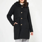 Cappotto con cappuccio e bottoni da donna per l'autunno/inverno, elegante e versatile, adatto a varie occasioni.