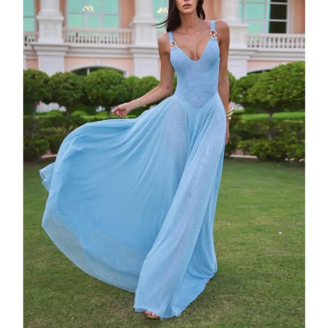 Robe camisole unie en tulle à col en V profond pour femme