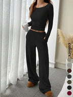 Completo casual da donna a righe con top a maniche lunghe e pantaloni ampi con tasche, abbigliamento femminile in stile europeo, comodo per l'uso quotidiano