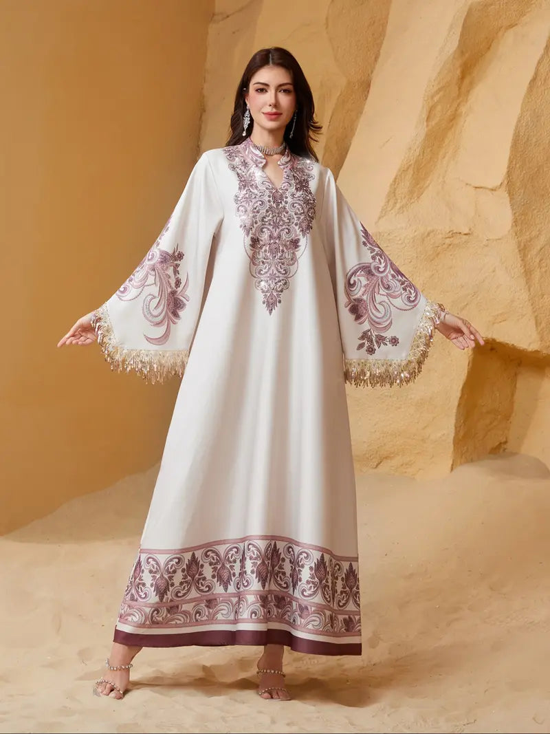 Abito lungo elegante da donna, vestibilità ampia con stampa etnica, design con lacci, adatto a tutte le stagioni, perfetto per serate ed eventi speciali