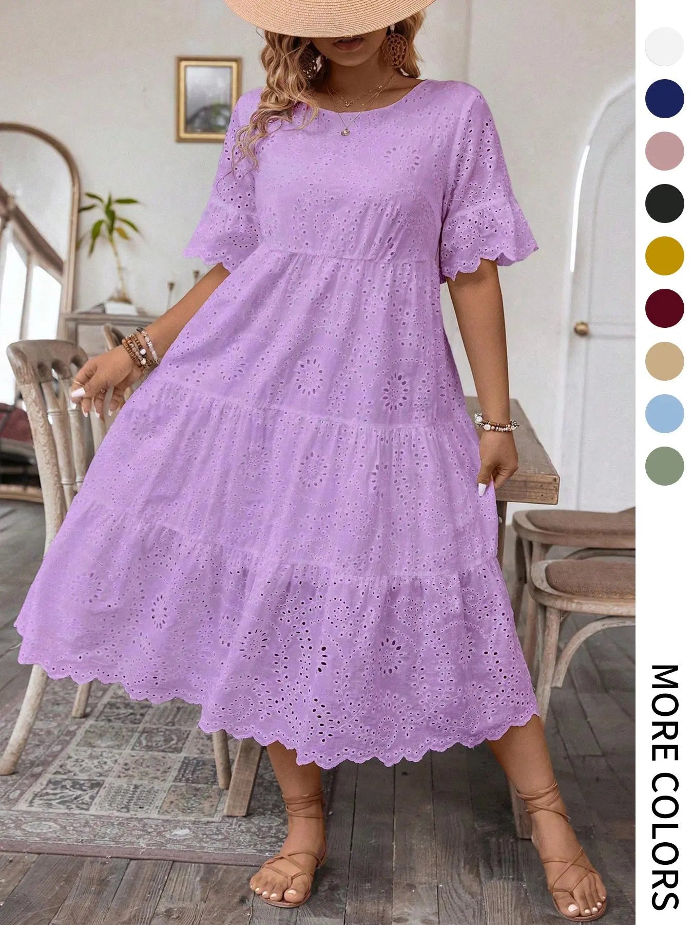 【Grande Taille】 Robe Unie Broderie Anglaise, Robe Bohème à Col Rond pour Vacances et Usage Quotidien – Vêtements d'Été pour Femmes