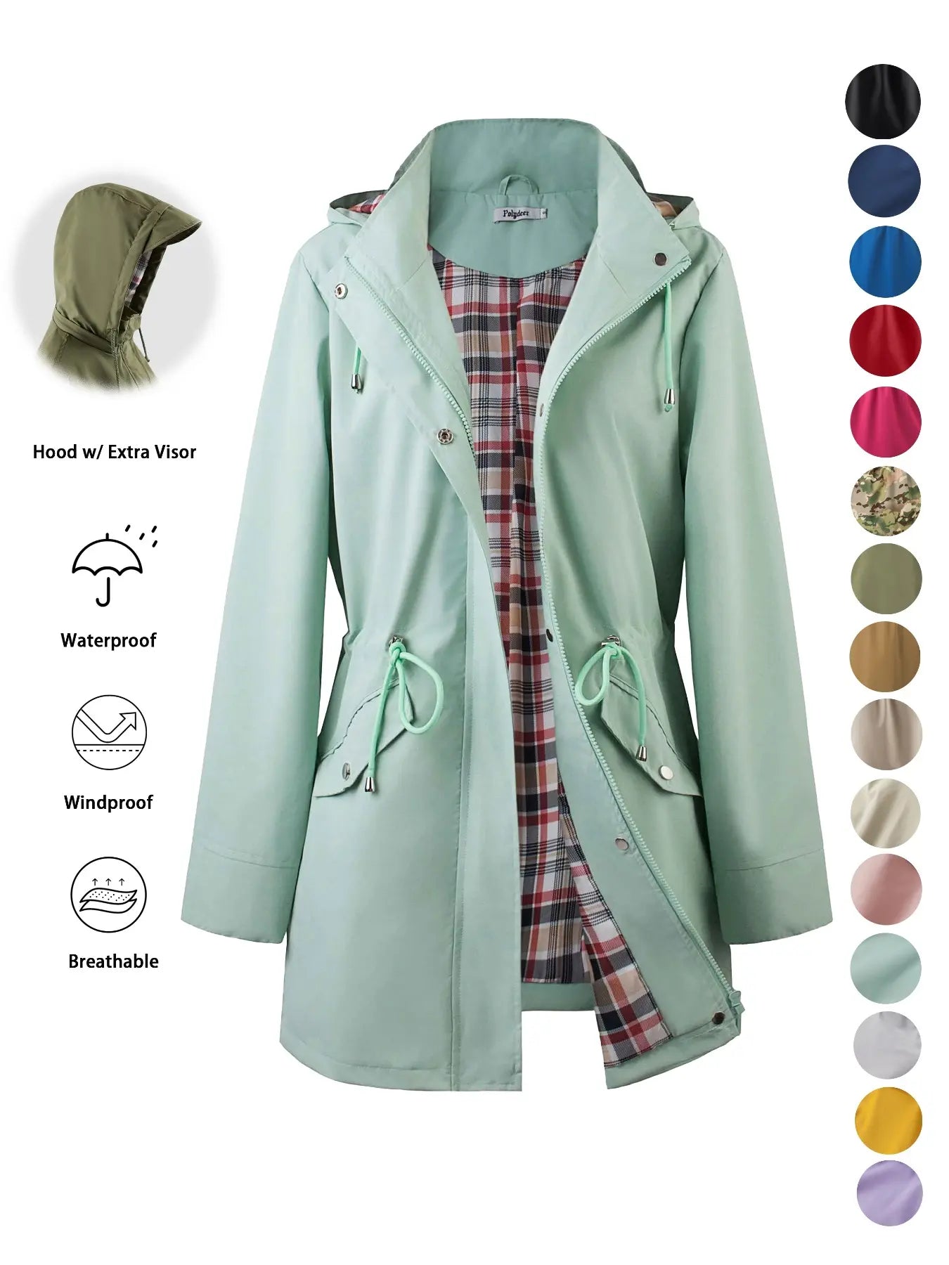Women's Solid Color Drawstring Zip Up Hooded Trench Coat