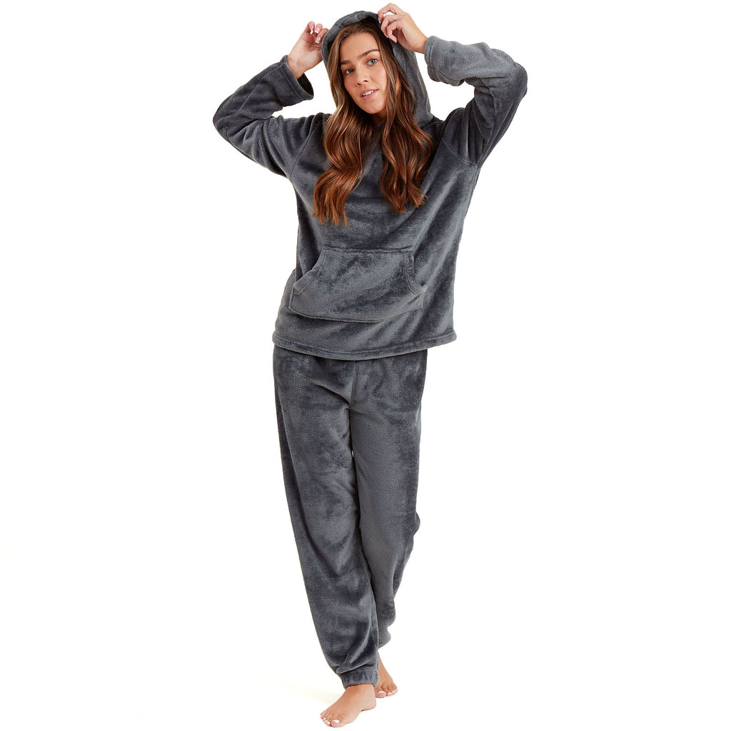 Womens Soft Fleece Hooded PJs Pyjama Bottoms Top Loungewear Set