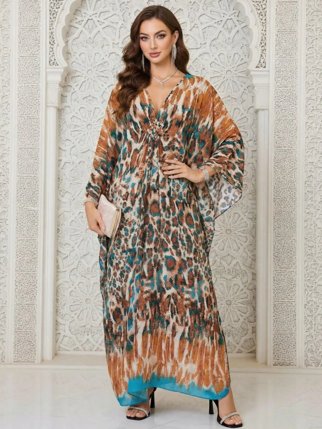 Robe Kaftan fendue à manches chauve-souris et imprimé léopard pour femme, style décontracté et modeste, col en V, manches 3/4, longue robe pour l'automne et l'hiver, vêtements islamiques pour femme pour usage quotidien