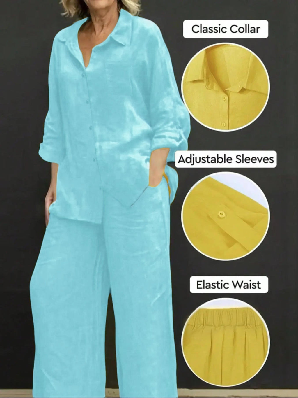 Ensemble Femme Chemise Couleur Unie & Pantalon Large, Tenues Deux Pièces Décontractées Confortables et Respirantes pour le Quotidien en Extérieur, Vêtements Femme pour Printemps Automne