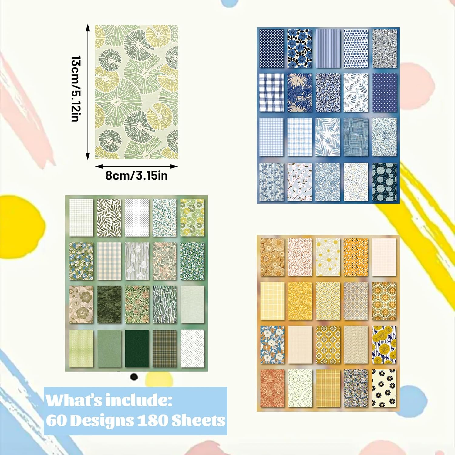 180 Sheets Patterned Paper, Scrapbook Paper for Decoration, Scrapbook Supplies Kit for Writing Planner, Drawing Travel Journal Art Craft Diary Embellishment (Blue, Green, Yellow)