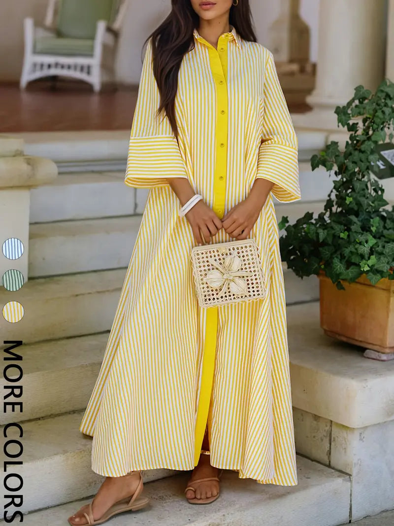 Robe Chemise Rayée Col et Boutonnage Décontractée Élégante pour Femme