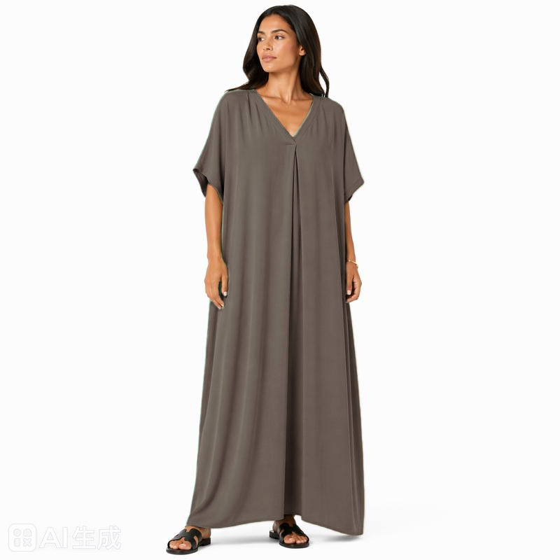 Robe longue oversize fluide col V femme été chic confortable en tissu léger et doux pour toutes les occasions