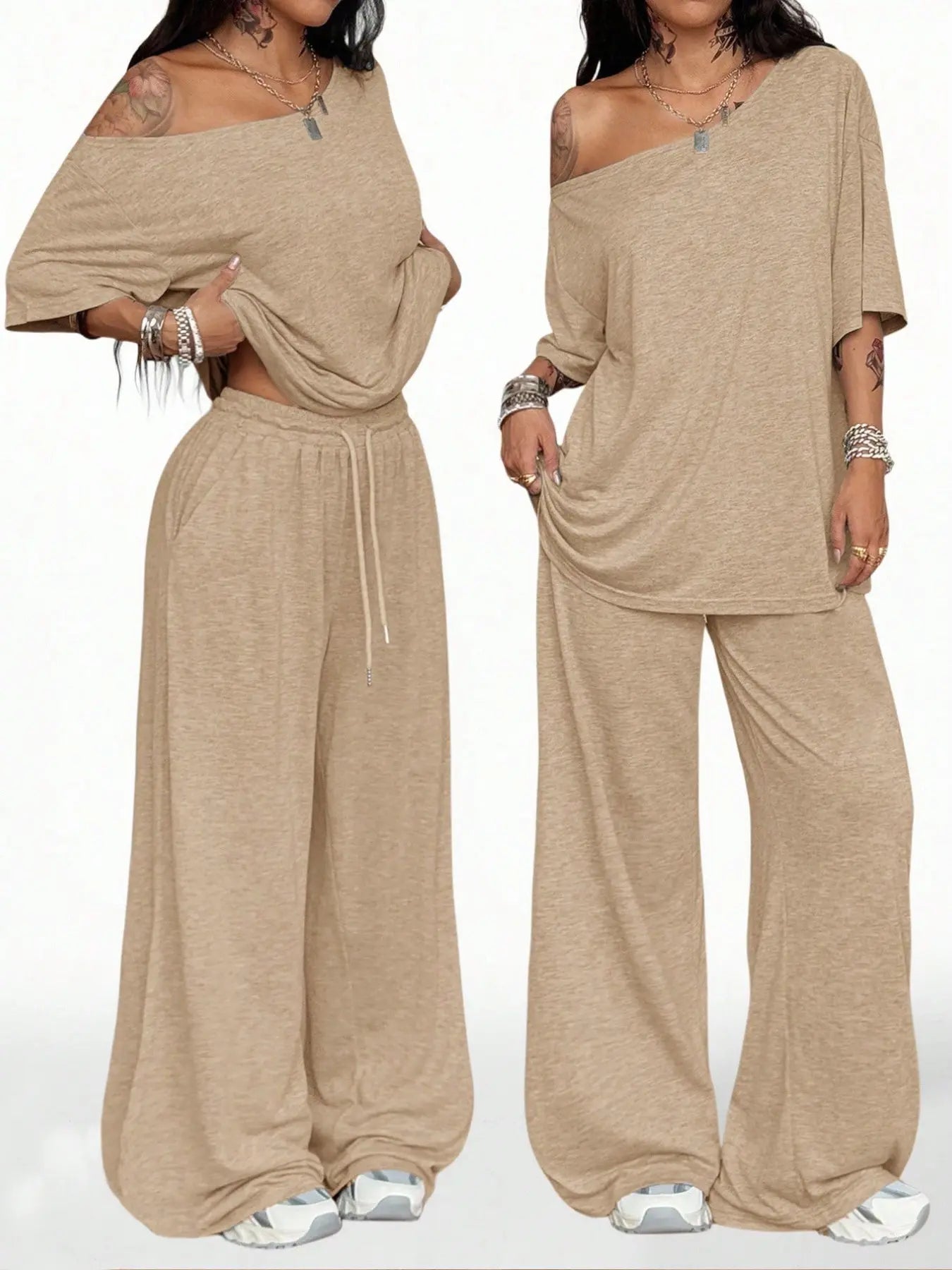 Ensemble deux pièces décontracté de sport de couleur unie pour femme, pantalon long ample et costume à col oblique à jambes larges, mode printemps et automne.