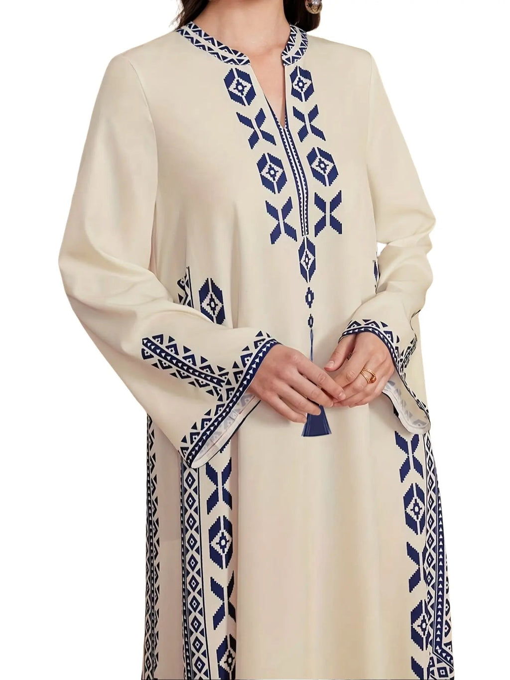 Vestito da donna con stampa digitale, abito a trapezio a maniche lunghe in tessuto intrecciato stile mediorientale, vestibilità casual aderente per le stagioni primavera e autunno, abbigliamento femminile