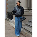 Giacca in Ecopelle Nera Collo Coreana Oversize Stile Moto Biker Orlo Elasticizzato Streetwear Casual Maniche Lunghe Impermeabile Antivento Capispalla per Primavera & Autunno, Abbigliamento Donna per Tutti i Giorni